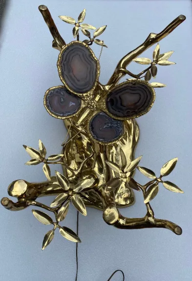 1970' Illuminated Bonzai Coffee Table On Sand Dune In Gilt Bronze Isabelle Faure Or Duval Brasseur With Butterfly Wings In Agate
