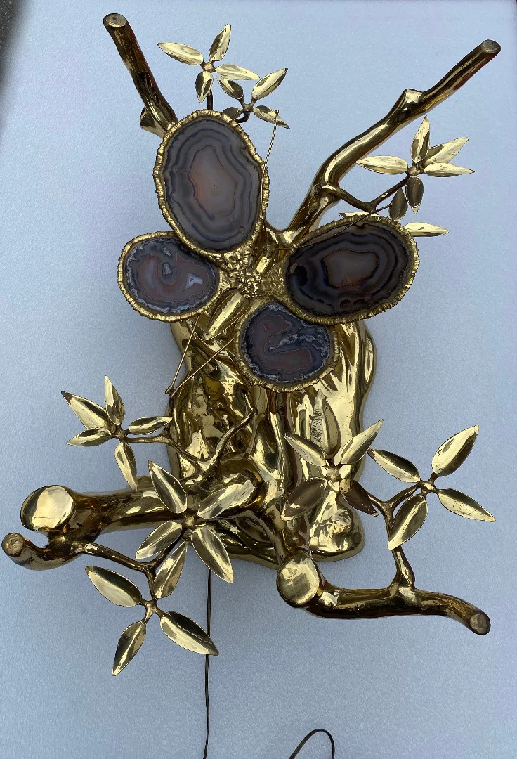 1970’Table Basse Eclairante Au Bonzai Sur Dune De Sable En bronze doré Isabelle Faure Ou Duval Brasseur Avec Papillon Ailes En Agate