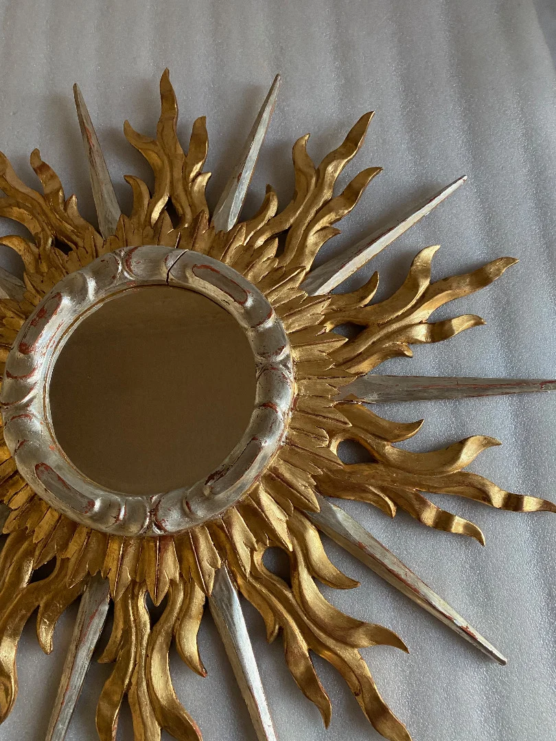 1950/70′ Flat Sun Mirror 2 Floors Golden And Silver Wood 78 Cm In Diameter