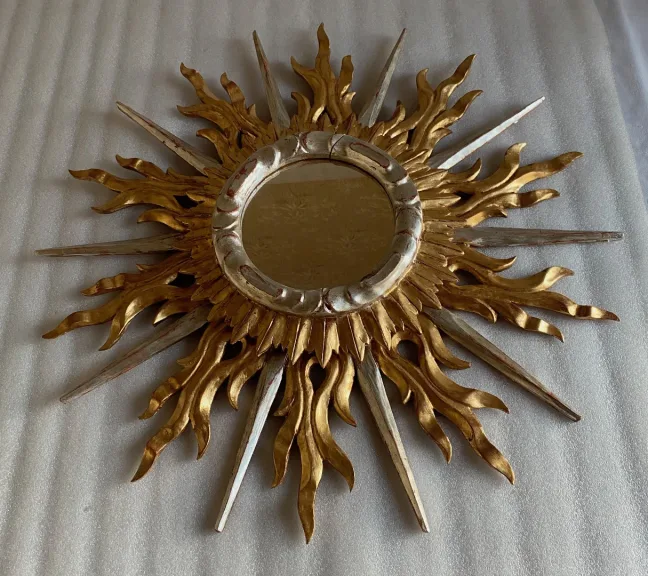 1950/70′ Flat Sun Mirror 2 Floors Golden And Silver Wood 78 Cm In Diameter
