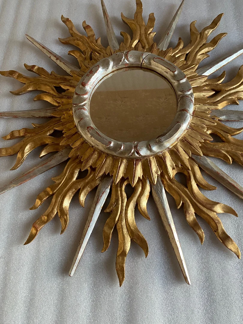 1950/70′ Flat Sun Mirror 2 Floors Golden And Silver Wood 78 Cm In Diameter