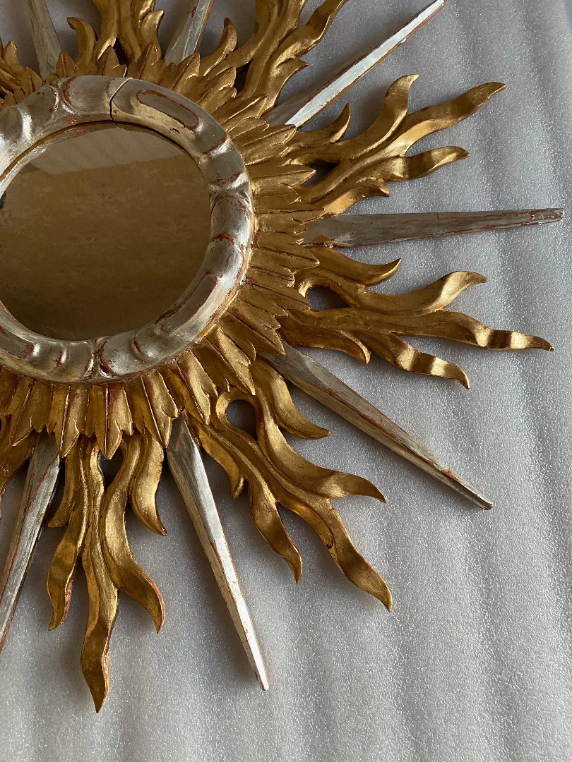 1950/70′ Flat Sun Mirror 2 Floors Golden And Silver Wood 78 Cm In Diameter