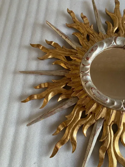 1950/70′ Flat Sun Mirror 2 Floors Golden And Silver Wood 78 Cm In Diameter