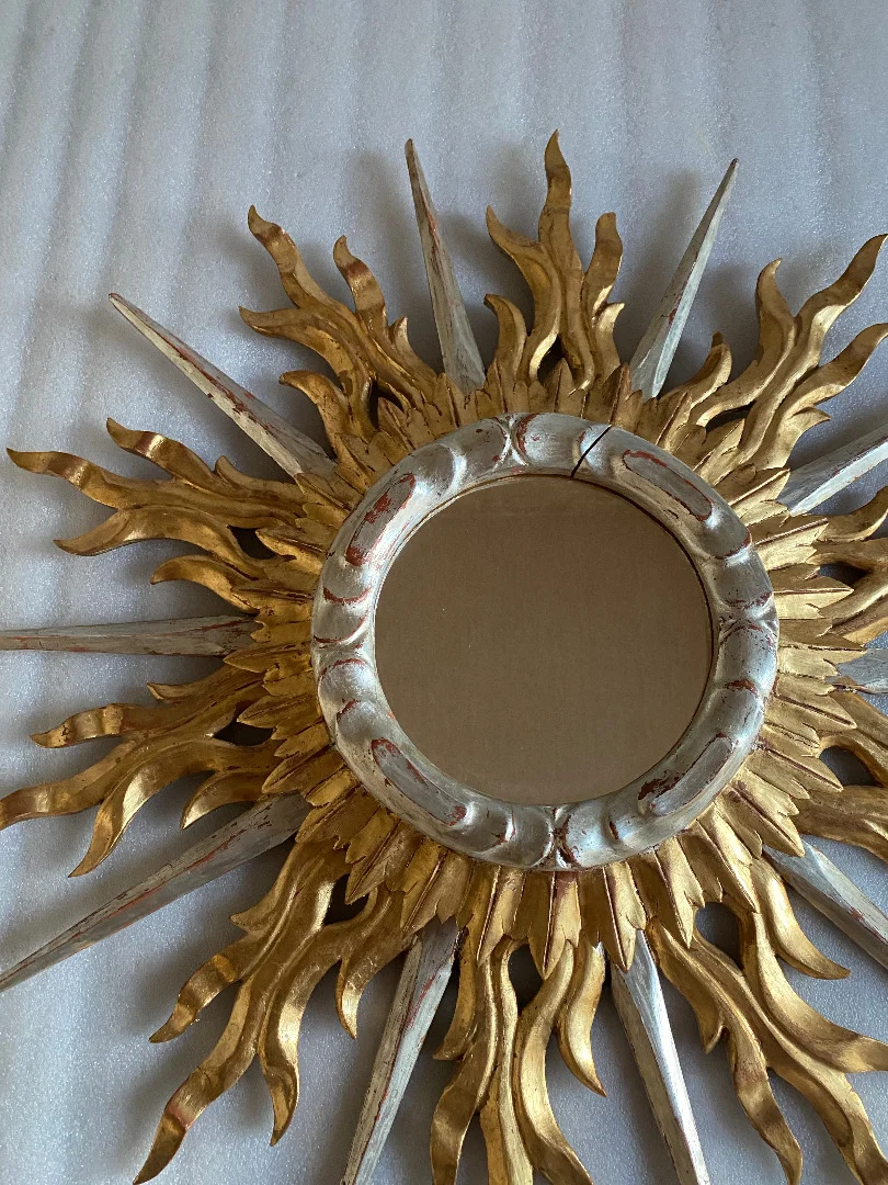 1950/70′ Flat Sun Mirror 2 Floors Golden And Silver Wood 78 Cm In Diameter