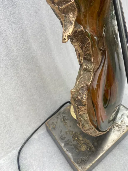 1970/80 Violin Lamp in Bronze and Pâte de Verre, Sculpture Signed LOHE