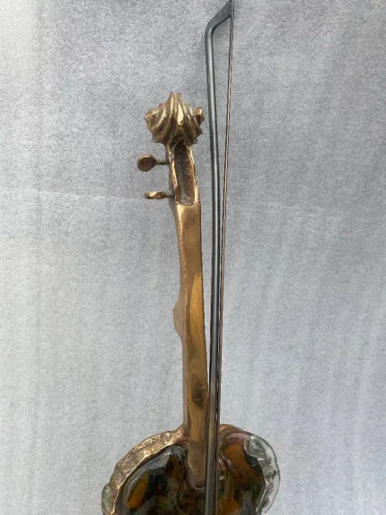 1970/80 Violin Lamp in Bronze and Pâte de Verre, Sculpture Signed LOHE