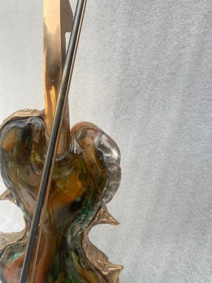 1970/80 Violin Lamp in Bronze and Pâte de Verre, Sculpture Signed LOHE