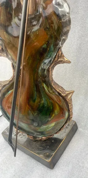 1970/80 Violin Lamp in Bronze and Pâte de Verre, Sculpture Signed LOHE