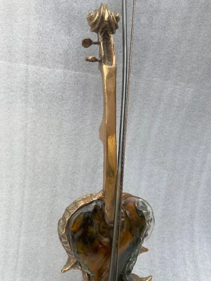 1970/80 Violin Lamp in Bronze and Pâte de Verre, Sculpture Signed LOHE