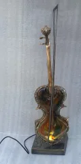 1970/80 Violin Lamp in Bronze and Pâte de Verre, Sculpture Signed LOHE