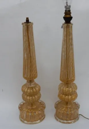 1950/70 Pair of Barovier & Toso Lamps With Gold Paillons Conical Shaft