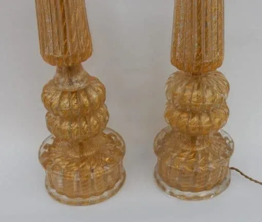 1950/70 Pair of Barovier & Toso Lamps With Gold Paillons Conical Shaft