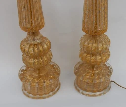 1950/70 Pair of Barovier & Toso Lamps With Gold Paillons Conical Shaft