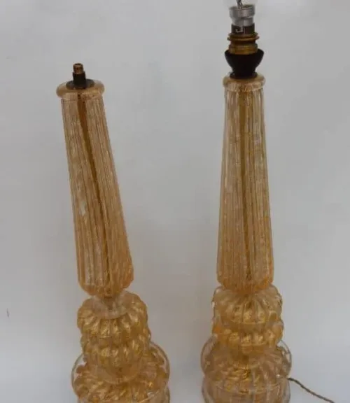 1950/70 Pair of Barovier & Toso Lamps With Gold Paillons Conical Shaft