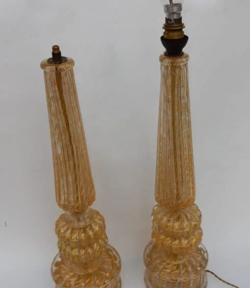 1950/70 Pair of Barovier & Toso Lamps With Gold Paillons Conical Shaft