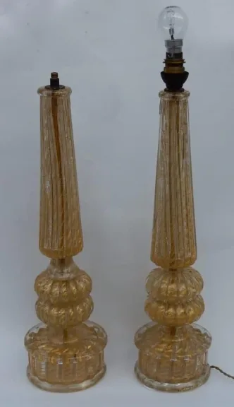 1950/70 Pair of Barovier & Toso Lamps With Gold Paillons Conical Shaft