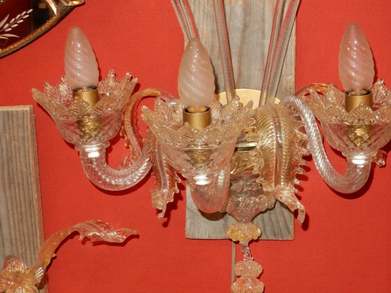 1950/70' Suite of 3 Sconces with 3 Arms of Light in Murano Crystal With Gold Flakes