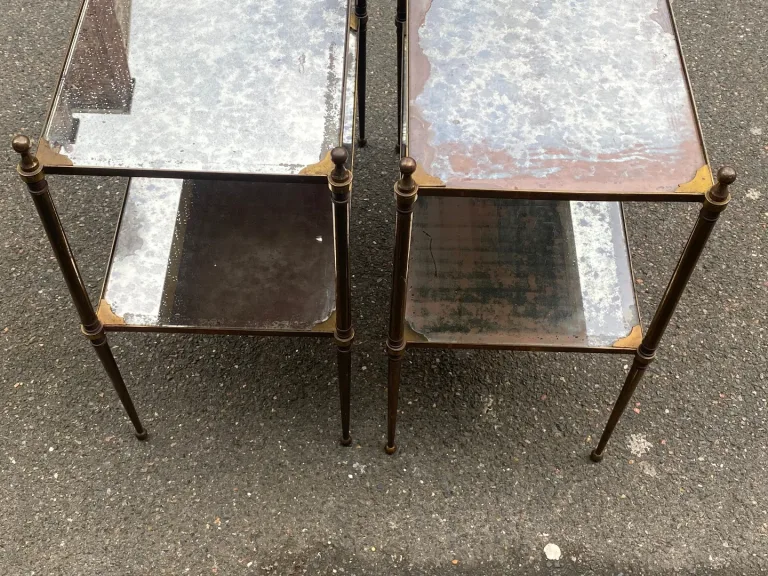 1950/70′ Pair of Maison Jansen Tables In Patinated Bronze With Vintage Mirror Trays