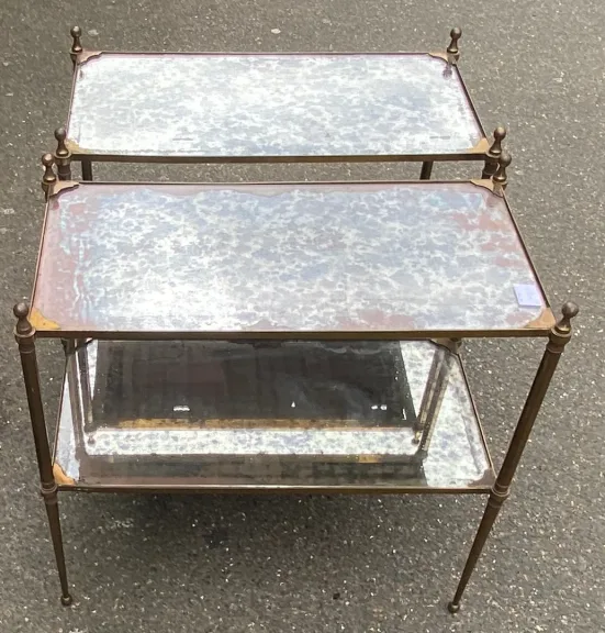 1950/70′ Pair of Maison Jansen Tables In Patinated Bronze With Vintage Mirror Trays