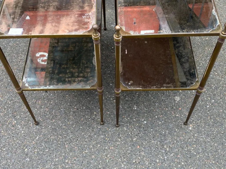 1950/70′ Pair of Maison Jansen Tables In Patinated Bronze With Vintage Mirror Trays