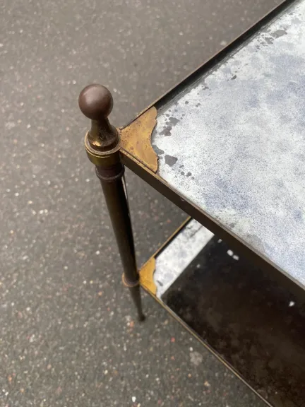 1950/70′ Pair of Maison Jansen Tables In Patinated Bronze With Vintage Mirror Trays
