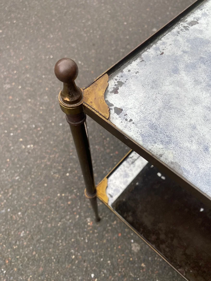 1950/70′ Pair of Maison Jansen Tables In Patinated Bronze With Vintage Mirror Trays