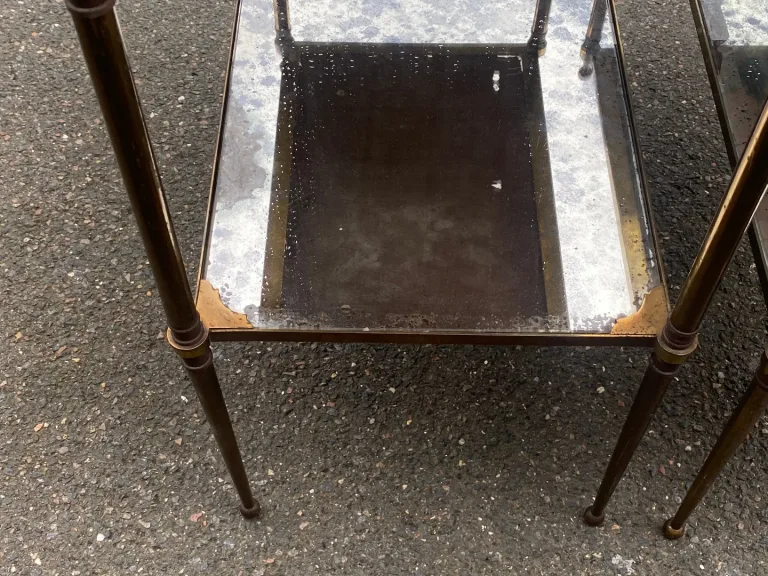 1950/70′ Pair of Maison Jansen Tables In Patinated Bronze With Vintage Mirror Trays