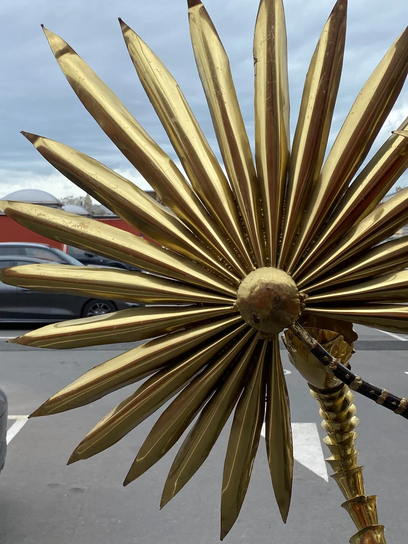 1970′ Yuka Palm Tree Floor Lamp in Brass and Patinated Iron Maison Jansen 3 Heads Brutalist Style