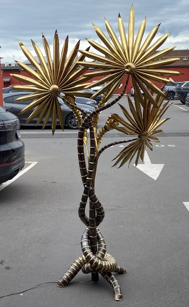 1970′ Yuka Palm Tree Floor Lamp in Brass and Patinated Iron Maison Jansen 3 Heads Brutalist Style
