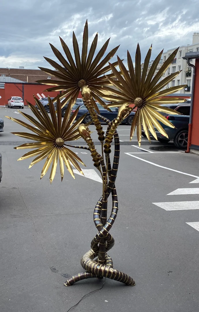 1970′ Yuka Palm Tree Floor Lamp in Brass and Patinated Iron Maison Jansen 3 Heads Brutalist Style