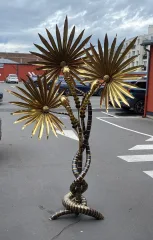 1970′ Lampadaire Palmier Yuka en Laiton Et fer Patiné Maison Jansen 3 Têtes Style Brutaliste