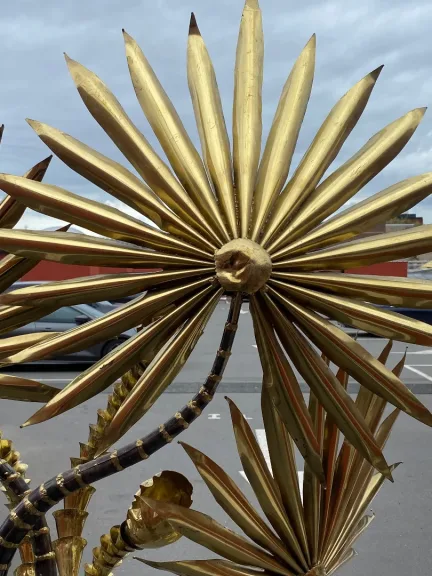 1970′ Yuka Palm Tree Floor Lamp in Brass and Patinated Iron Maison Jansen 3 Heads Brutalist Style