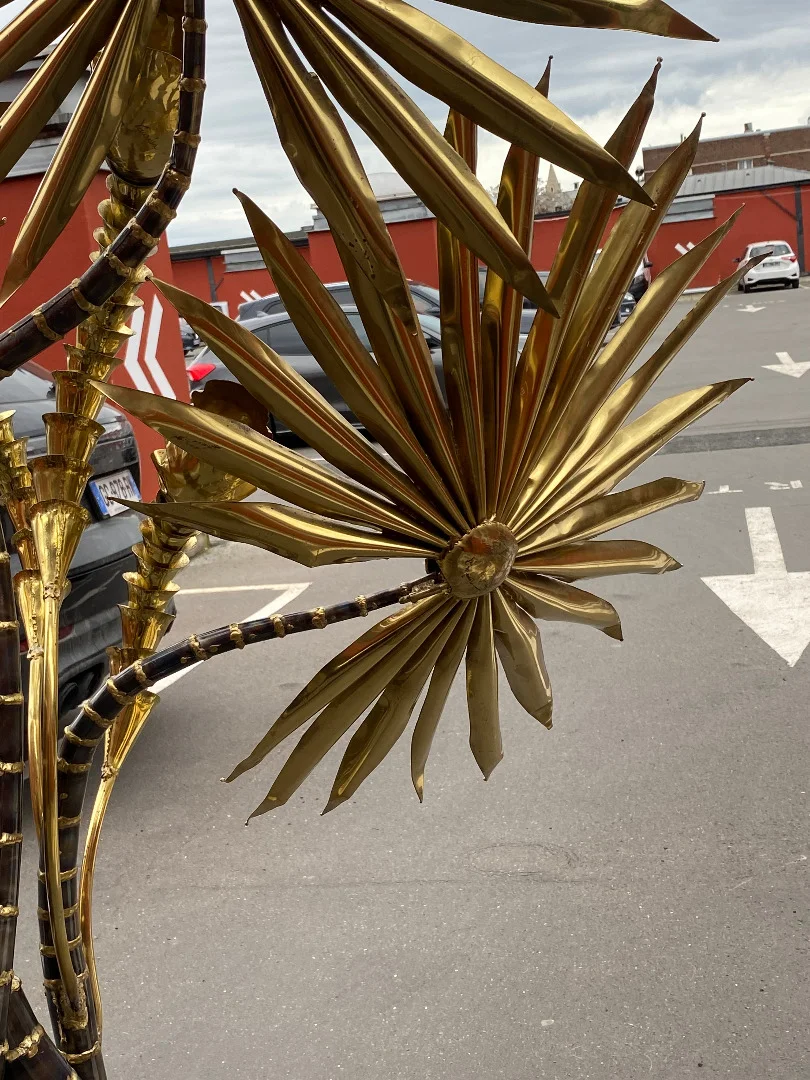 1970′ Yuka Palm Tree Floor Lamp in Brass and Patinated Iron Maison Jansen 3 Heads Brutalist Style