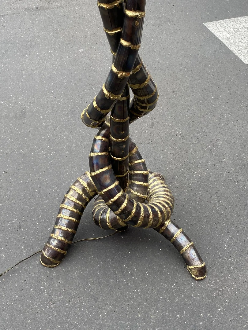 1970′ Yuka Palm Tree Floor Lamp in Brass and Patinated Iron Maison Jansen 3 Heads Brutalist Style
