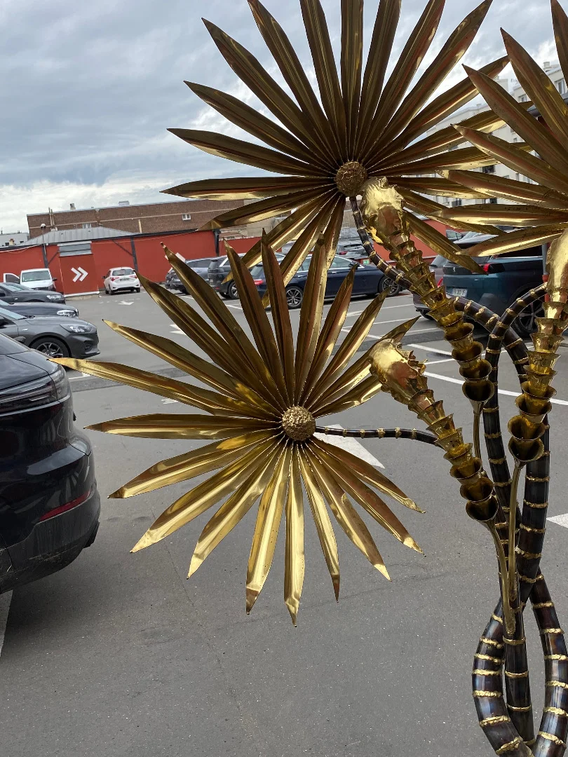 1970′ Yuka Palm Tree Floor Lamp in Brass and Patinated Iron Maison Jansen 3 Heads Brutalist Style