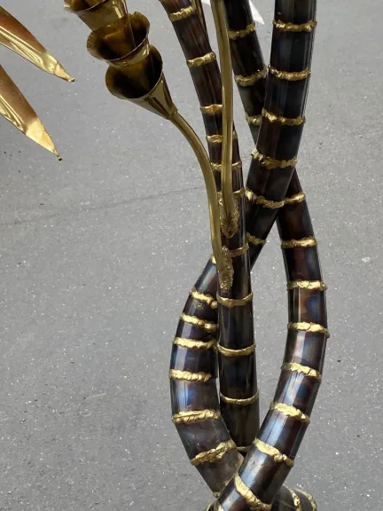 1970′ Yuka Palm Tree Floor Lamp in Brass and Patinated Iron Maison Jansen 3 Heads Brutalist Style