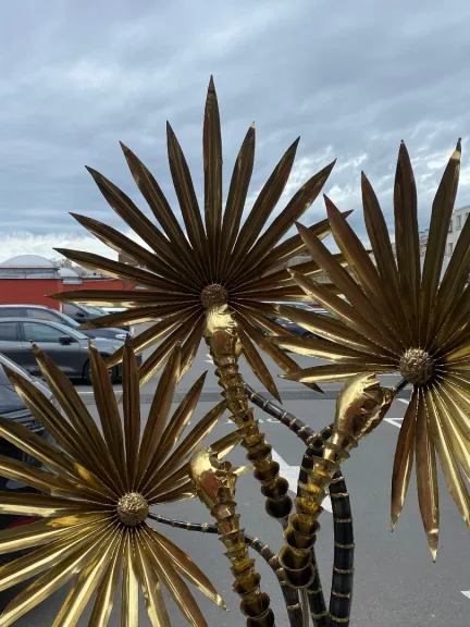 1970′ Yuka Palm Tree Floor Lamp in Brass and Patinated Iron Maison Jansen 3 Heads Brutalist Style