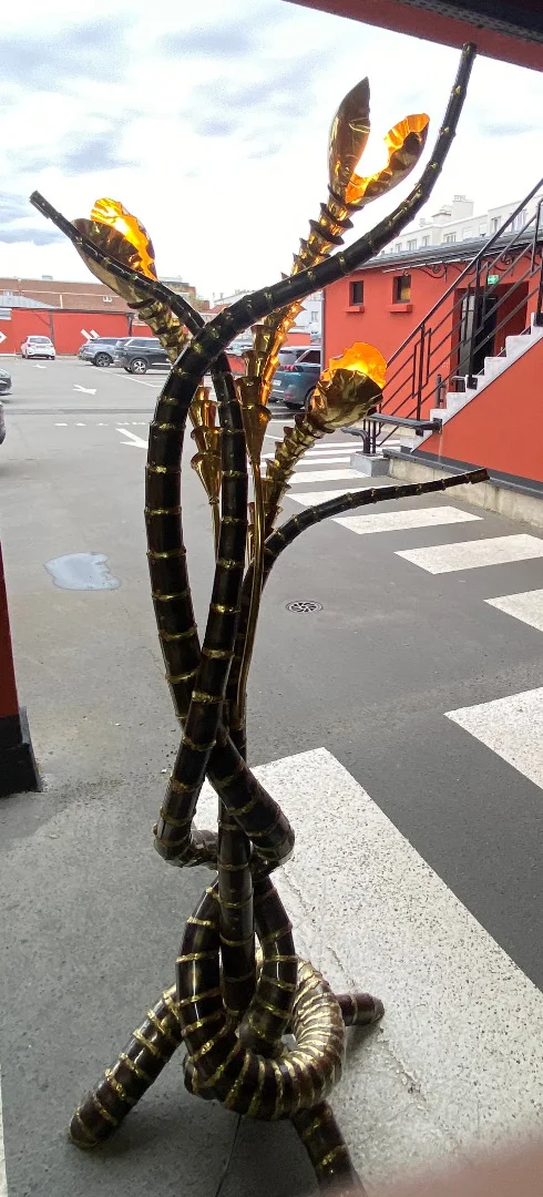 1970′ Yuka Palm Tree Floor Lamp in Brass and Patinated Iron Maison Jansen 3 Heads Brutalist Style