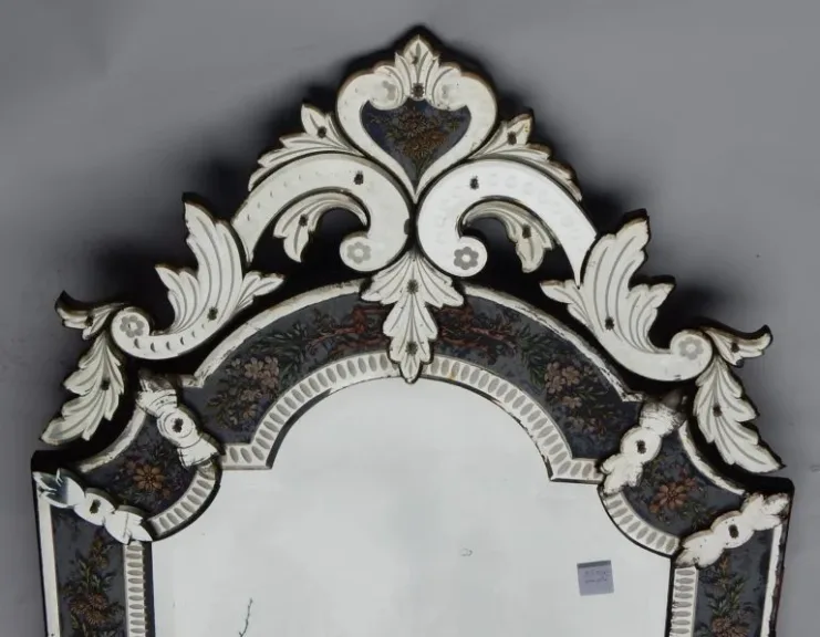 1880/1900′ Miroir Napoléon III Venise Rectangulaire, Cadre en Verre Bleu Orné de Fleurs Émaillées DLG LXIV
