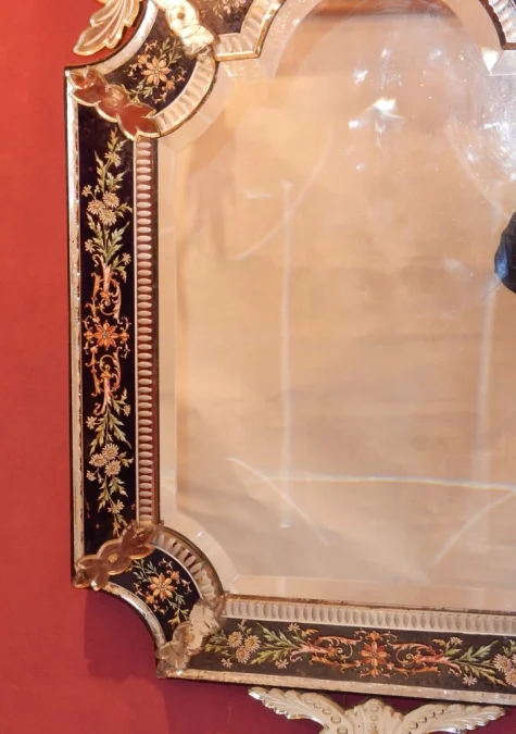 1880/1900′ Miroir Napoléon III Venise Rectangulaire, Cadre en Verre Bleu Orné de Fleurs Émaillées DLG LXIV