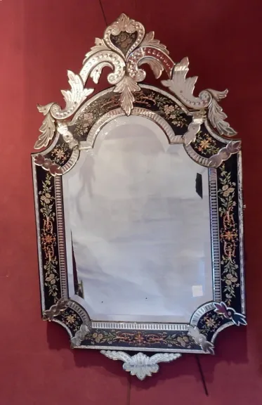 1880/1900′ Miroir Napoléon III Venise Rectangulaire, Cadre en Verre Bleu Orné de Fleurs Émaillées DLG LXIV