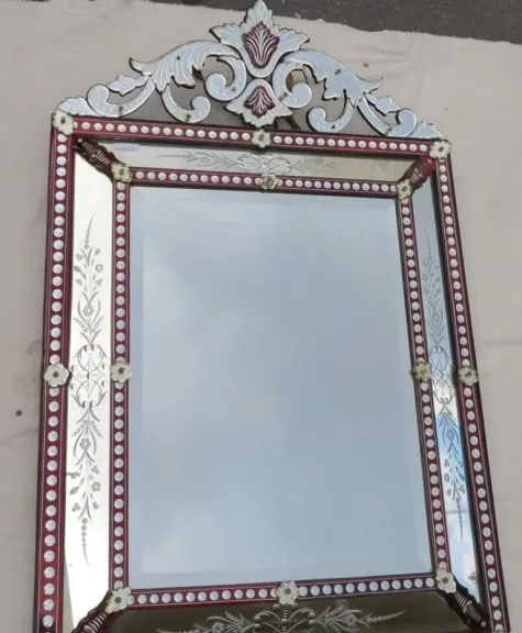 Venetian Mirror with Pediment Style LXIV Red Color Bohemia 19th