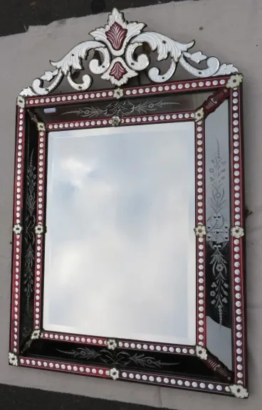 Venetian Mirror with Pediment Style LXIV Red Color Bohemia 19th