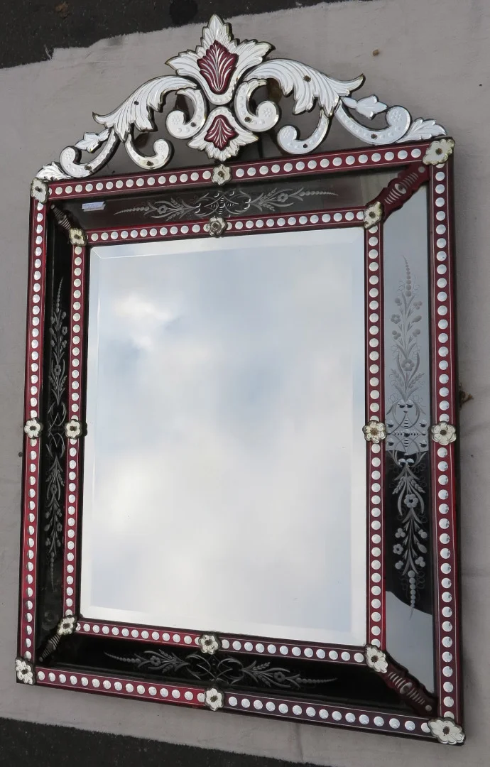 Venetian Mirror with Pediment Style LXIV Red Color Bohemia 19th