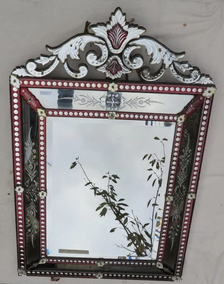 Venetian Mirror with Pediment Style LXIV Red Color Bohemia 19th