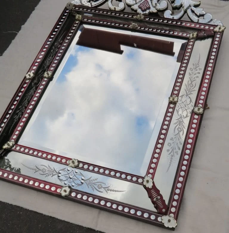 Venetian Mirror with Pediment Style LXIV Red Color Bohemia 19th