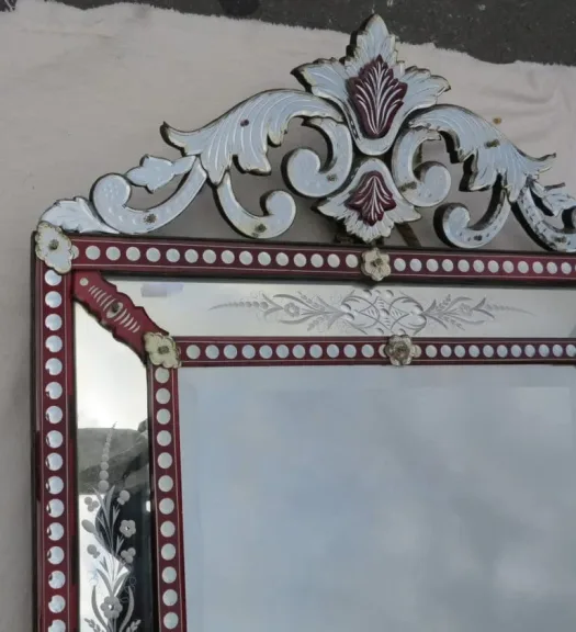 Venetian Mirror with Pediment Style LXIV Red Color Bohemia 19th