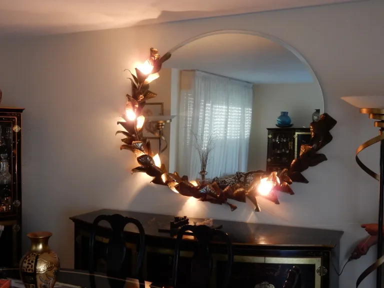 1970/80′ Miroir Éclairant Décor Bambou au Feuillage Style Duval Brasseur Par Barbier Pour Maison Jansen 180 X 140 cm Pièce Unique De Commande