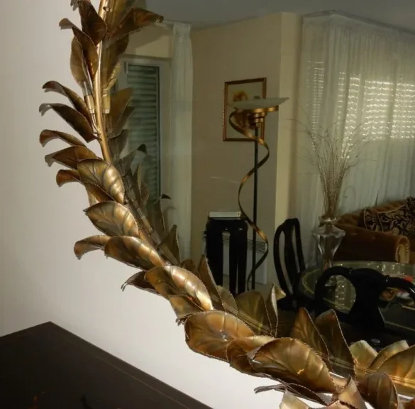1970/80′ Miroir Éclairant Décor Bambou au Feuillage Style Duval Brasseur Par Barbier Pour Maison Jansen 180 X 140 cm Pièce Unique De Commande
