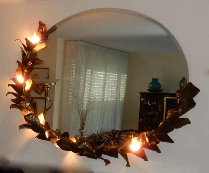 1970/80′ Miroir Éclairant Décor Bambou au Feuillage Style Duval Brasseur Par Barbier Pour Maison Jansen 180 X 140 cm Pièce Unique De Commande